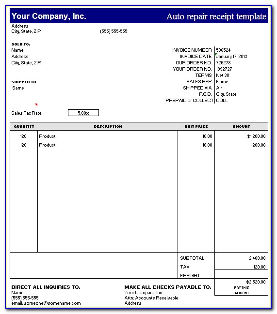 Auto Repair Invoices Template For Free