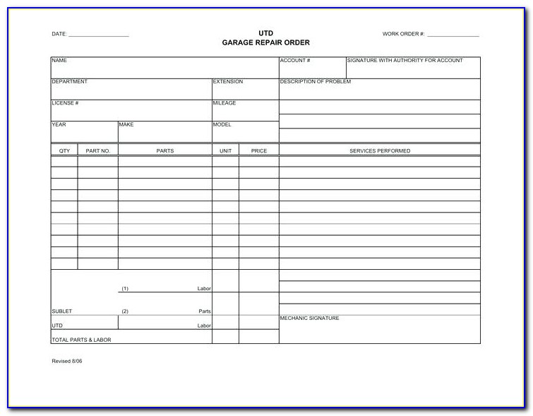 Automotive Work Order Template Word