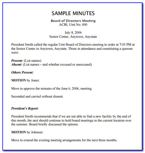Board Meeting Minutes Sample