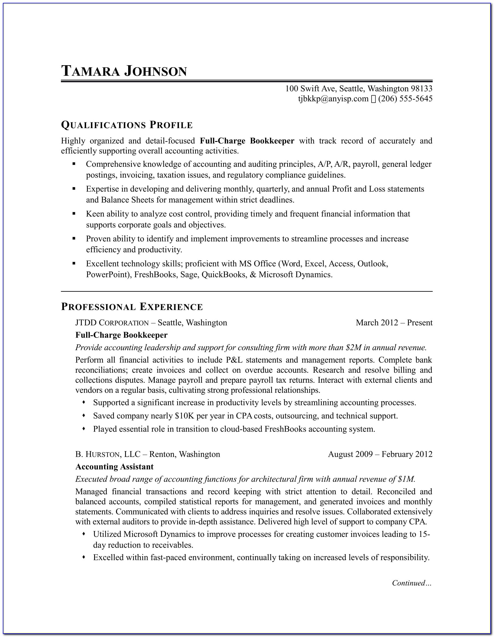 Bookkeeper Resume Sample | Monster For Bookkeeping Contract Template Canada