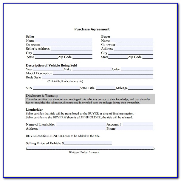 Car Purchase Agreement Template Pdf
