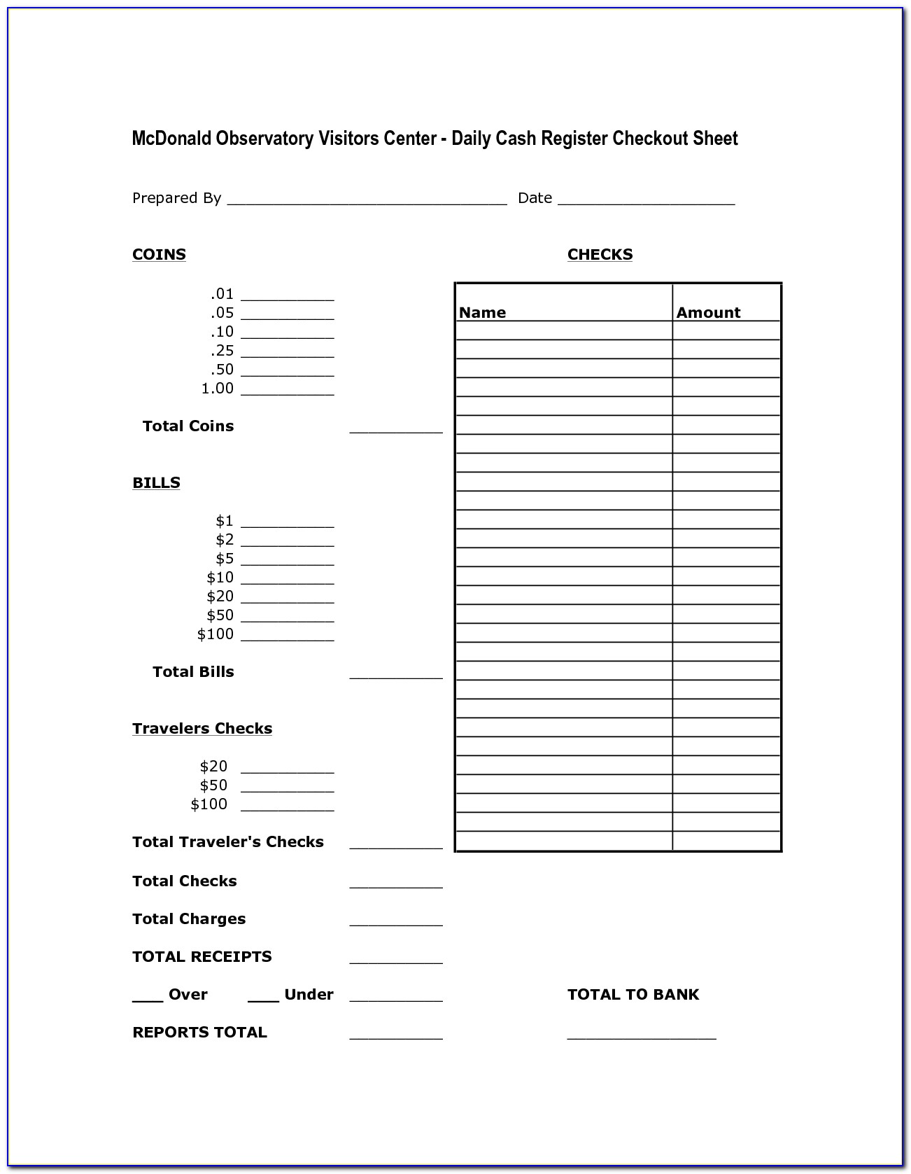 Cash Drawer Reconciliation Form Excel Form Resume