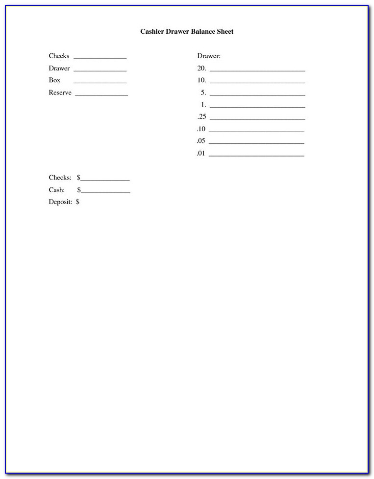Cash Drawer Balance Sheet Template