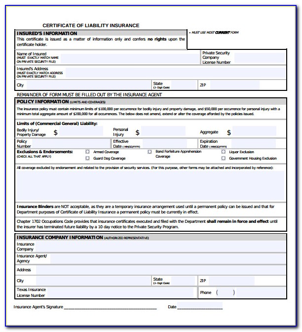 Certificate Of Liability Insurance Form Download