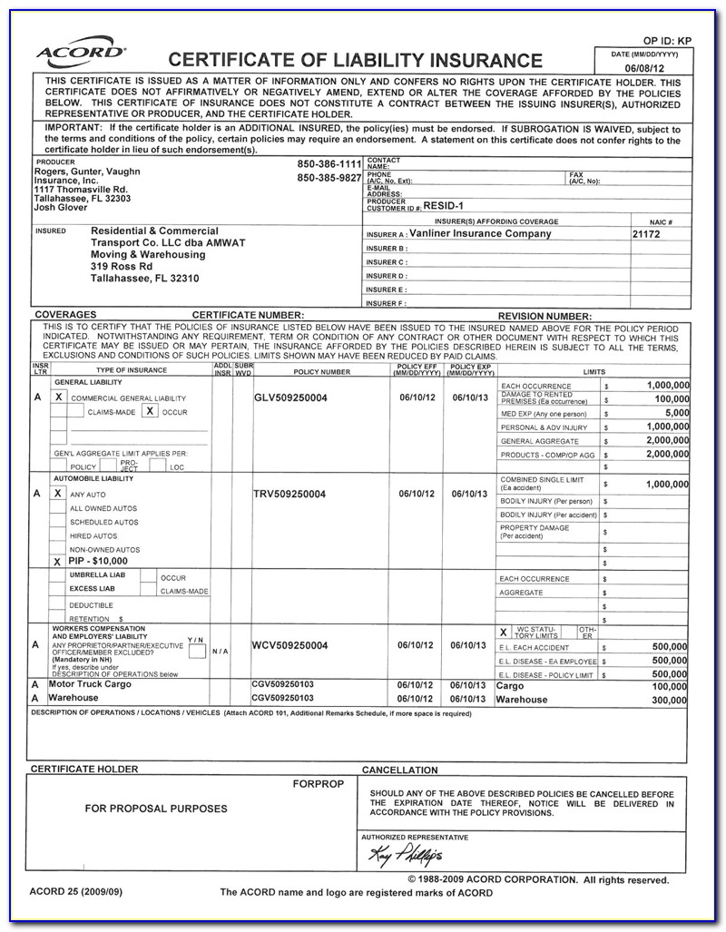 Certificate Of Liability Insurance Form Example