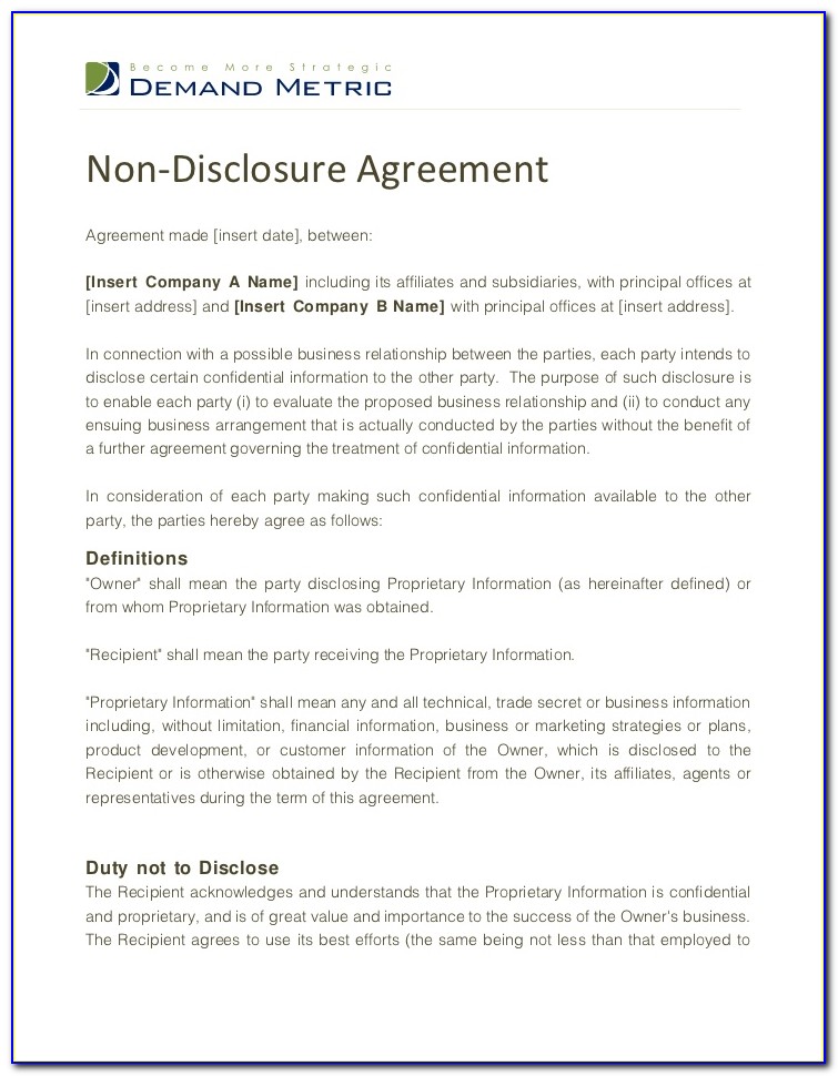 Confidentiality Agreement Non Disclosure