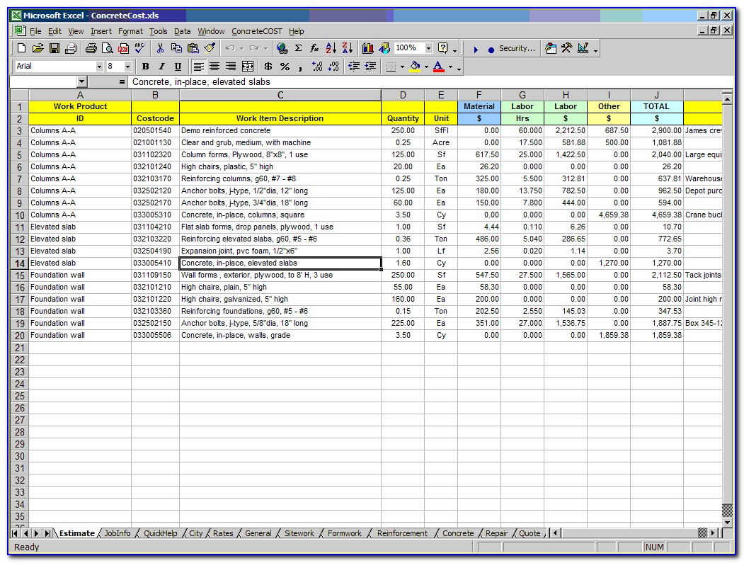Construction Estimate Forms Excel
