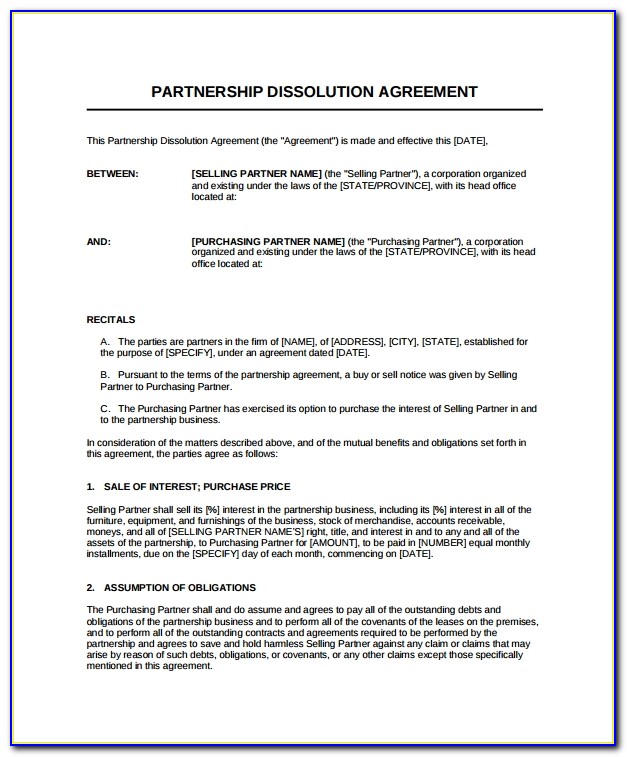 Dissolution Of Partnership Agreement Template Nsw
