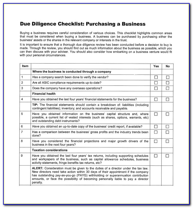 Due Diligence Checklist Template Excel
