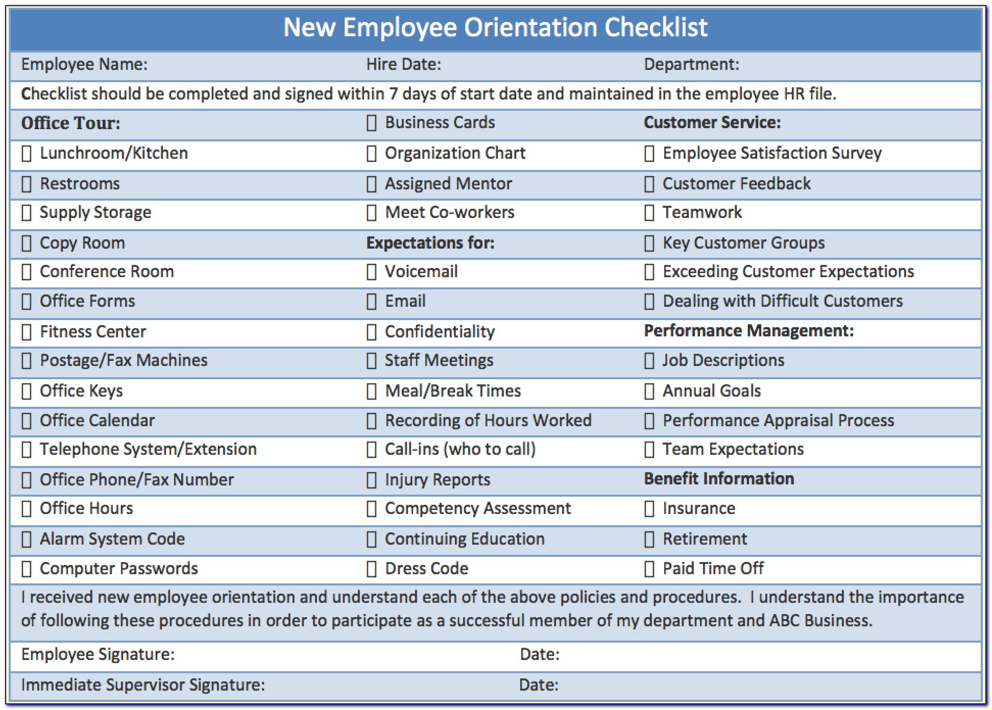 Employee Training Checklist Template Excel Free