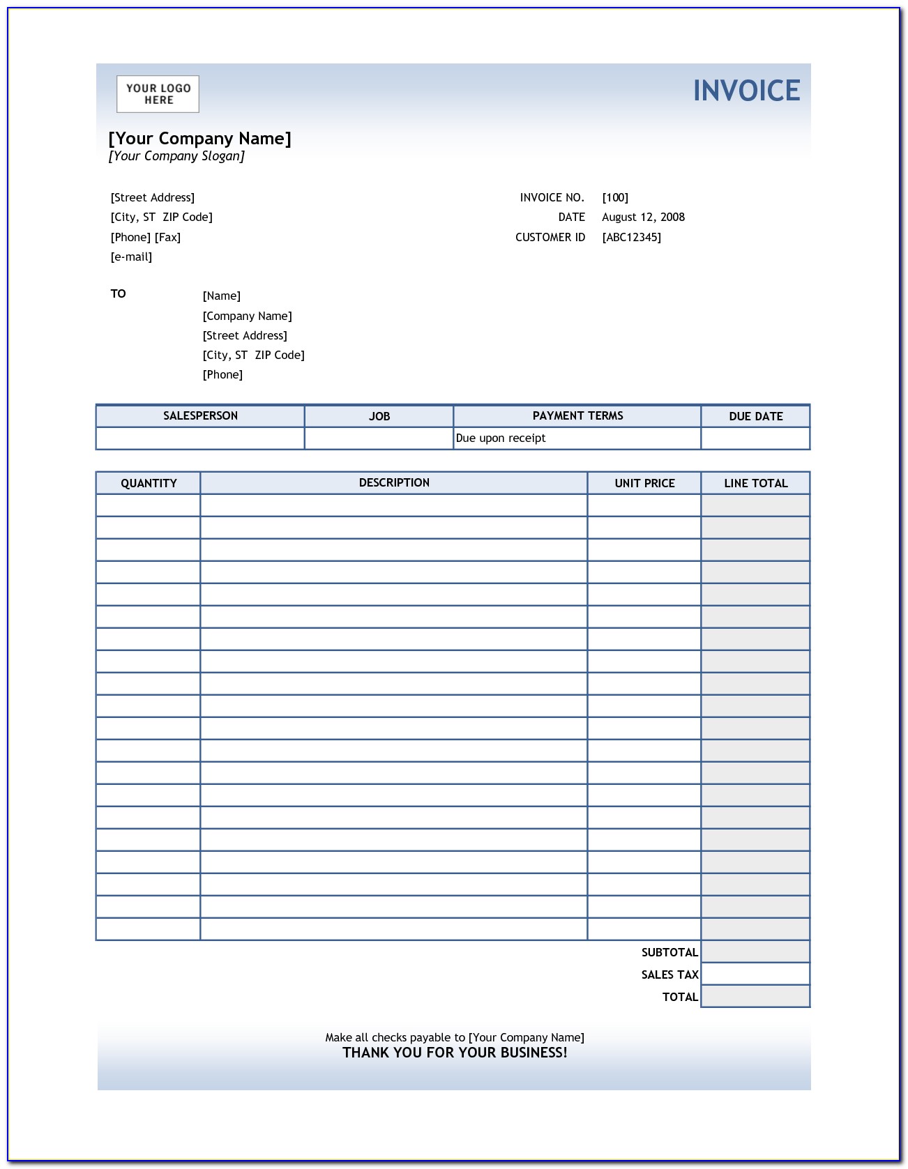 Fillable Invoice Template Word