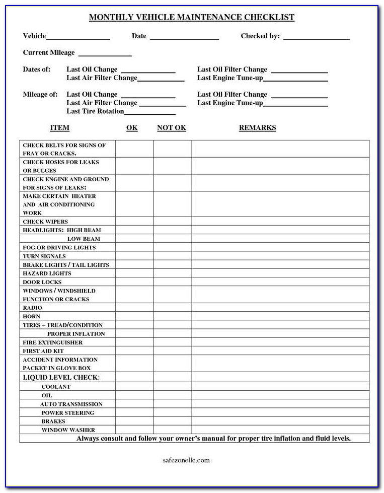 Fleet Vehicle Checklist Template