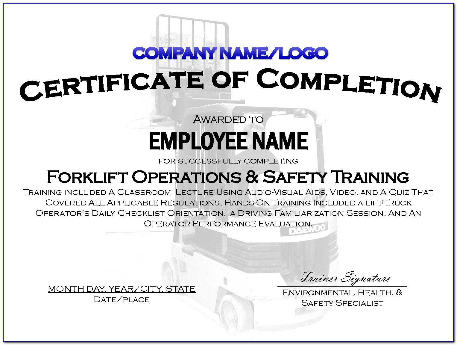 Forklift Operator Certification Card Template