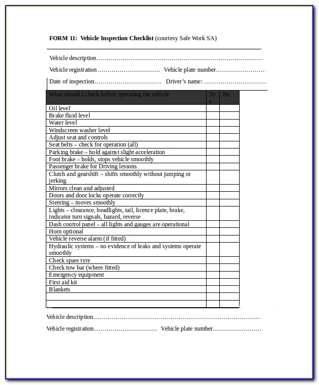 Free Hgv Vehicle Inspection Sheet Template
