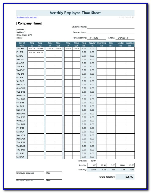 Free Monthly Timesheet Template Excel