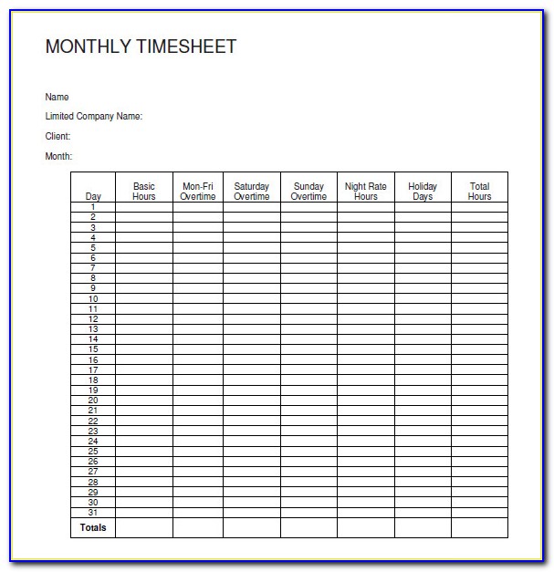 Free Monthly Timesheet Template Uk
