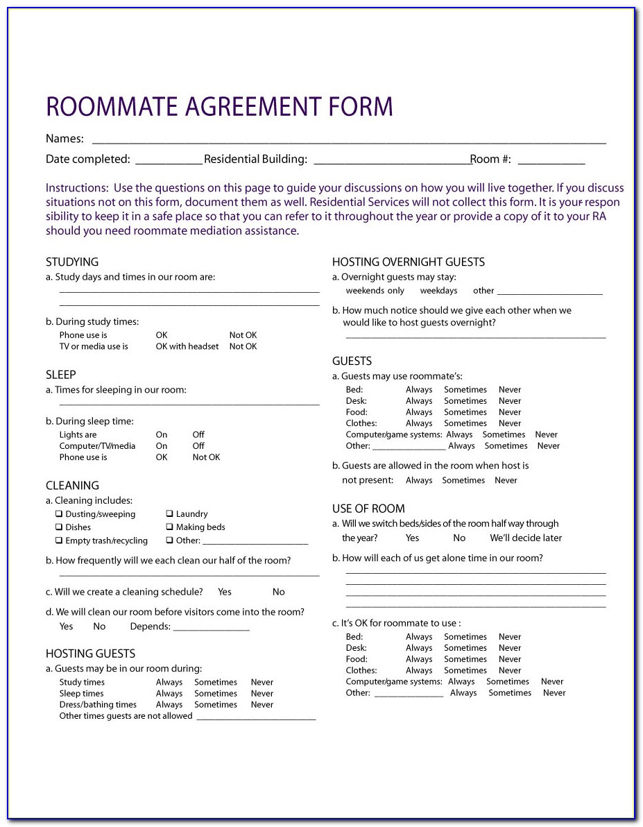 Free Printable Roommate Agreement Template