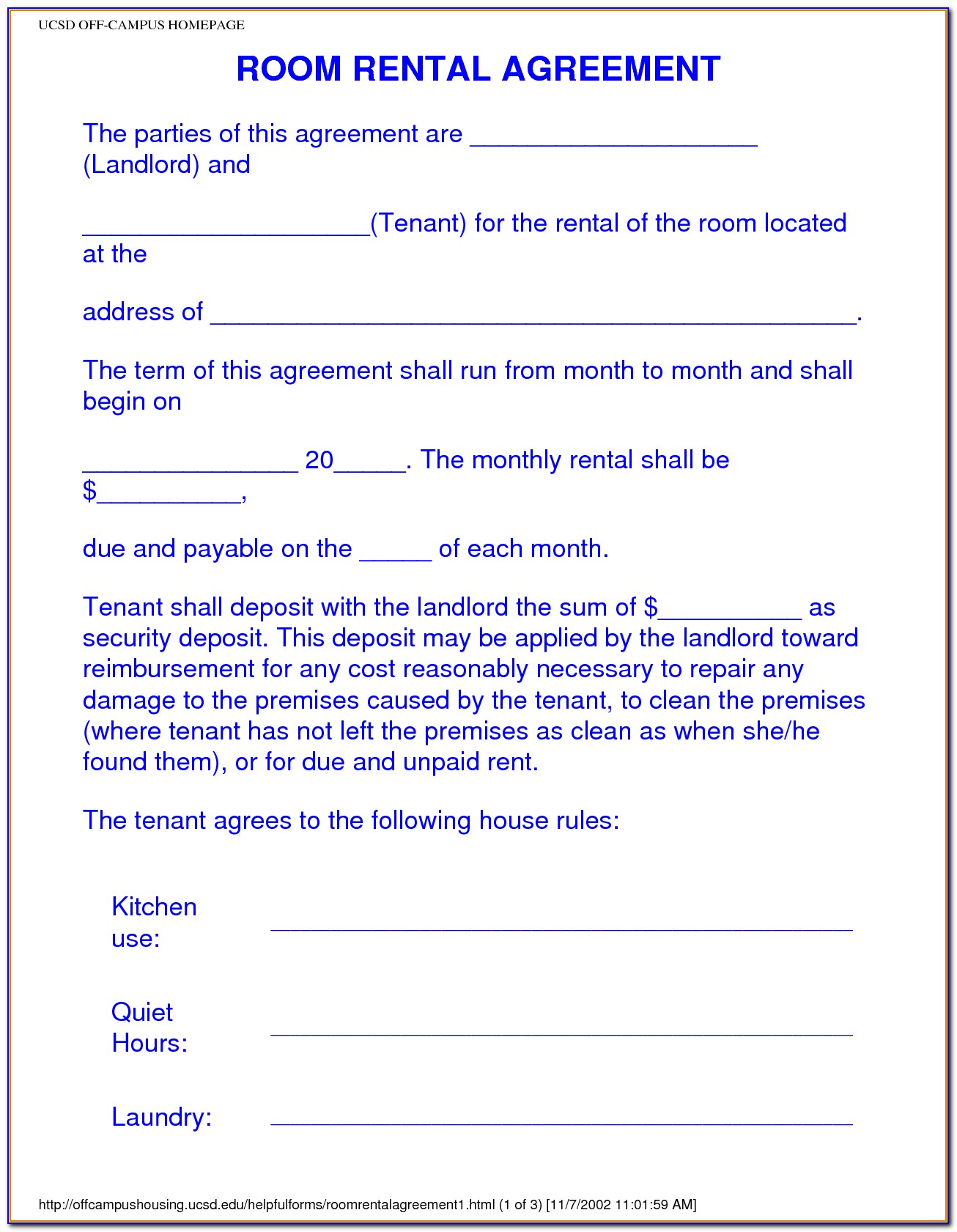 Free Room Rental Agreement Template Uk