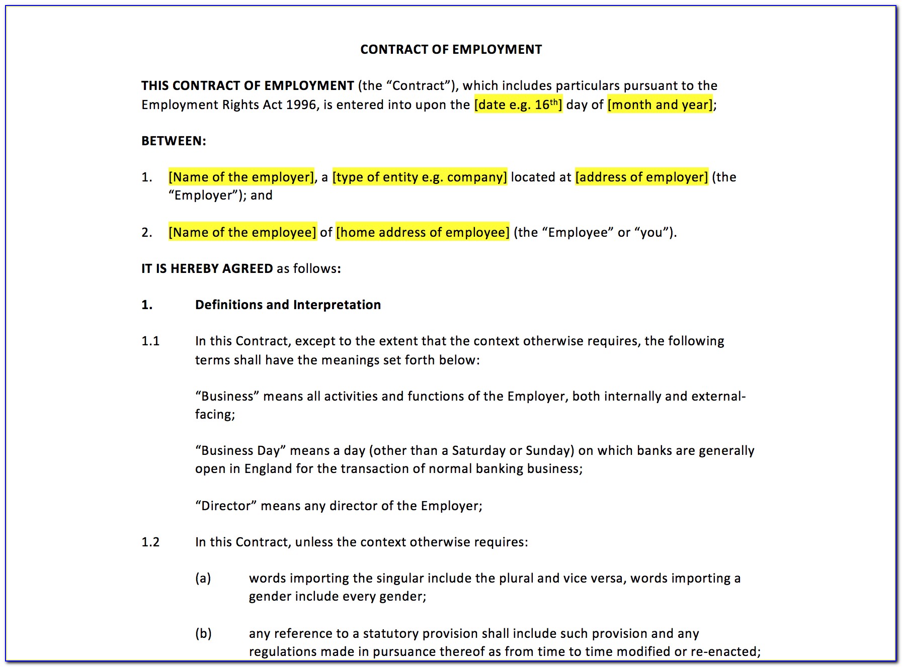 Full Time Employment Contract Template Uk