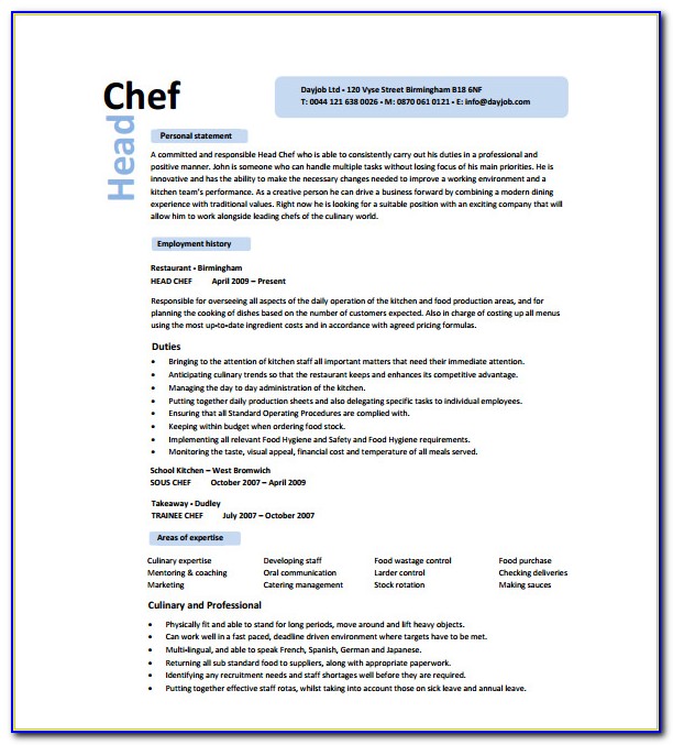 Good Resume For Chef