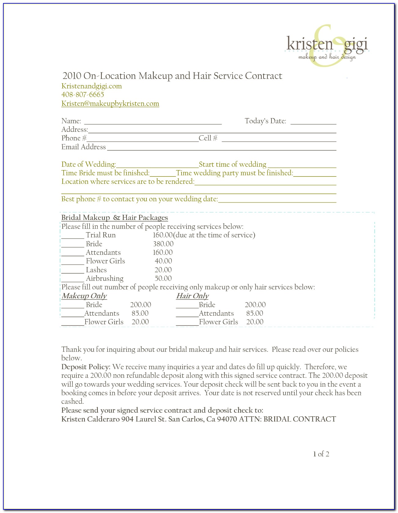 Hair And Makeup Contract Template Word