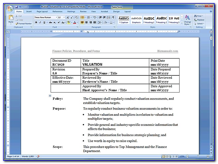 Procedure Manual Template Word Policy And Procedure Manual
