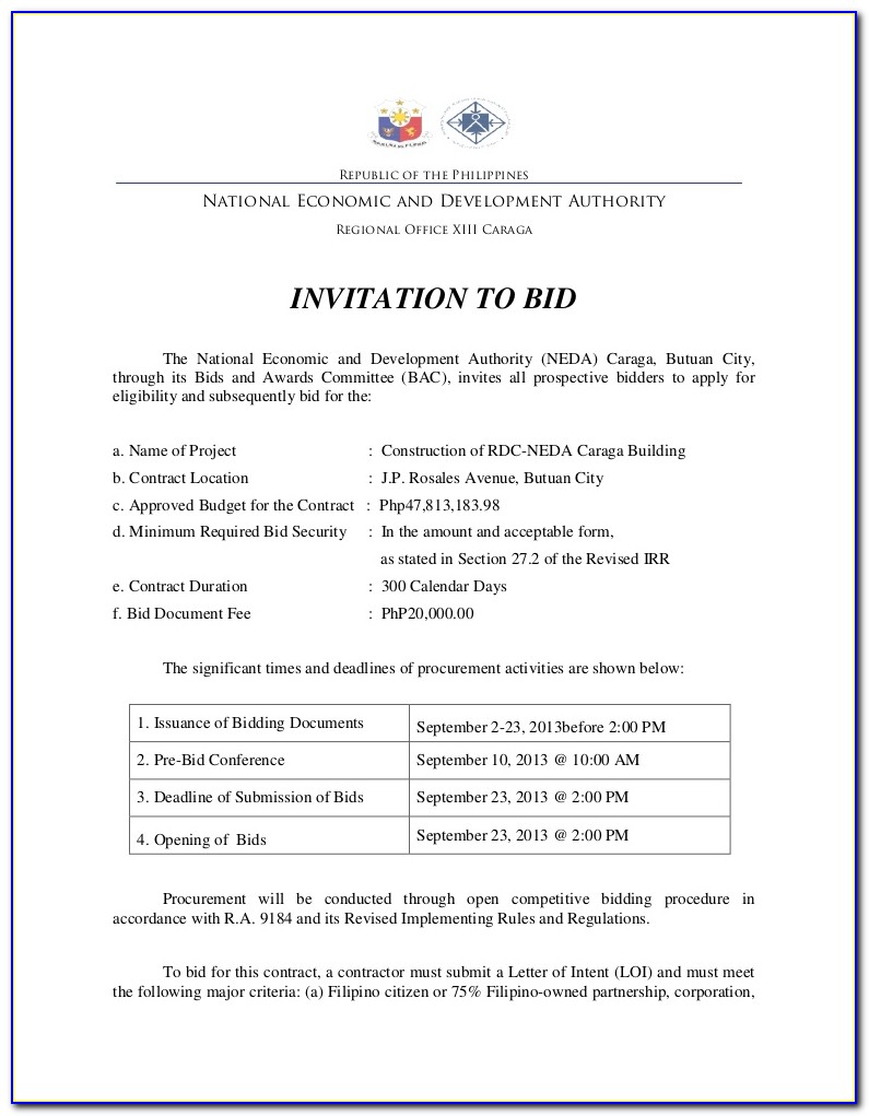 Invitation To Bid For Construction Projects Template