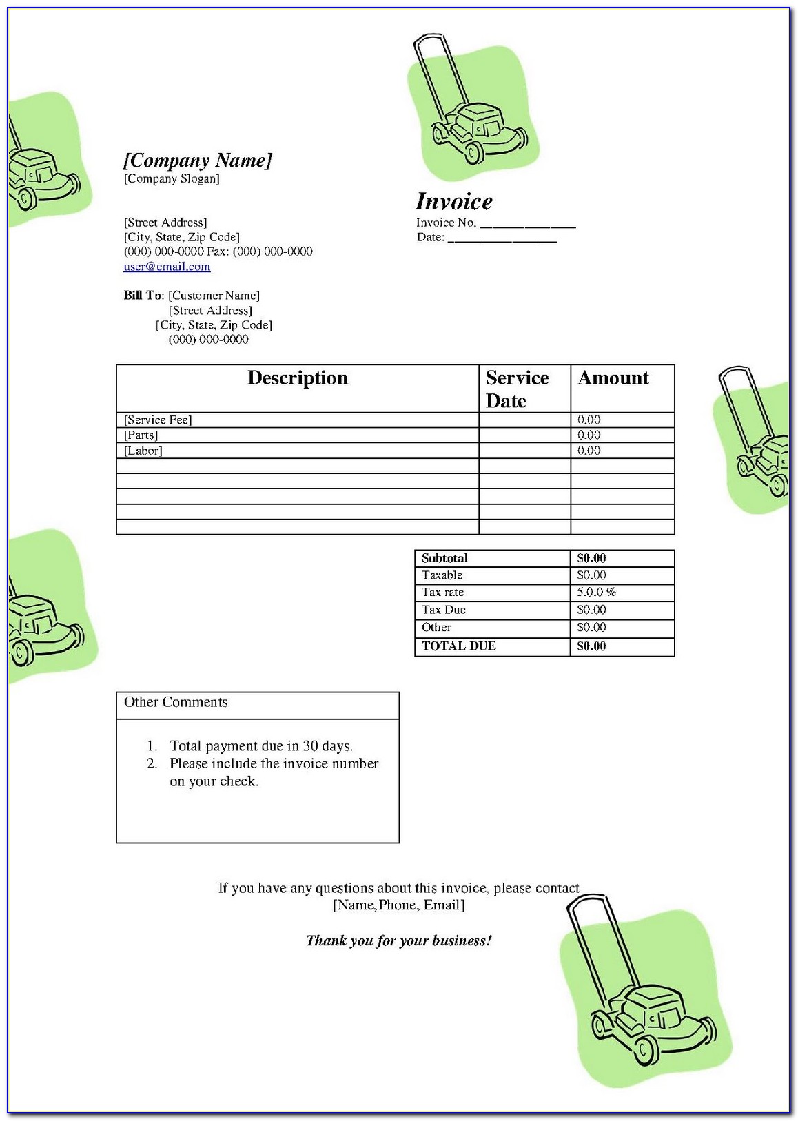 Invoice Template For Landscaping