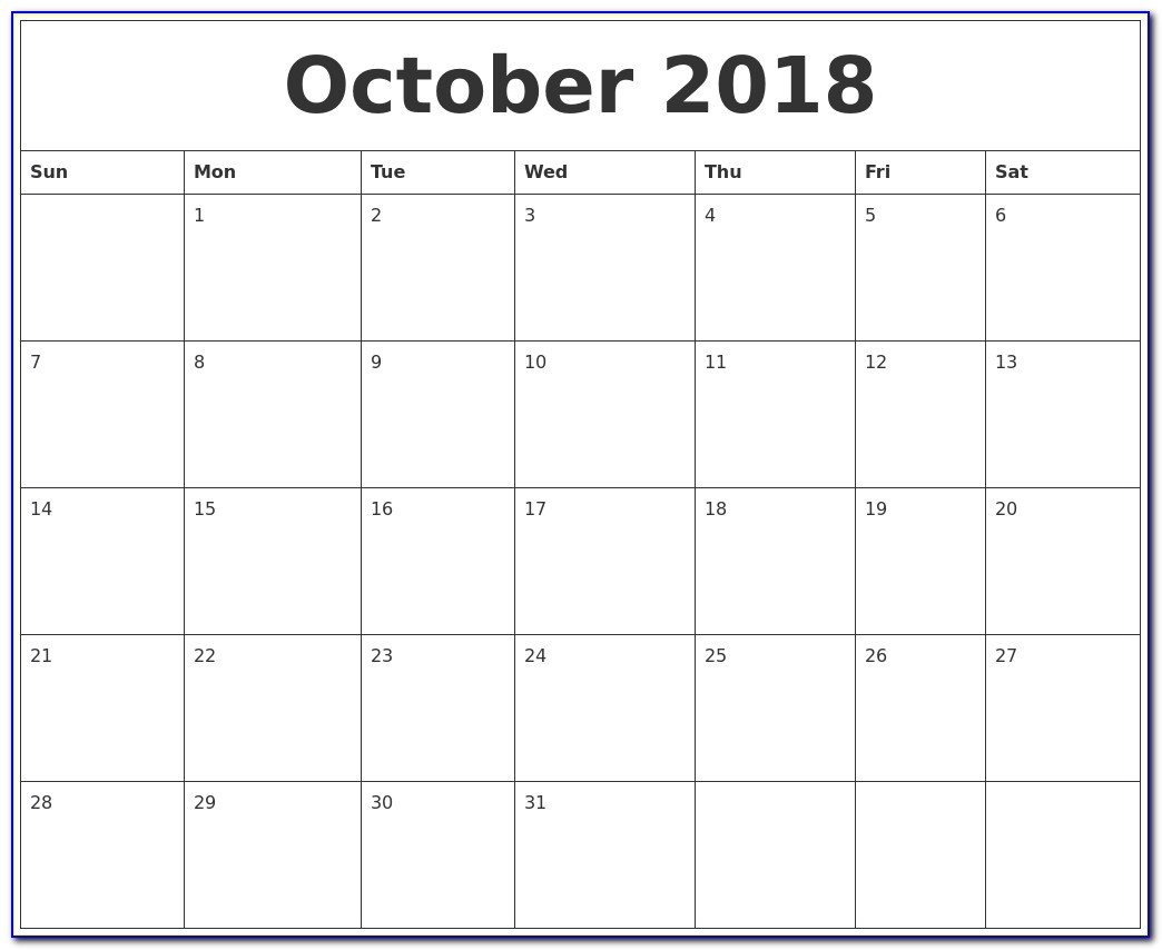 Large Print Calendar Template 2018