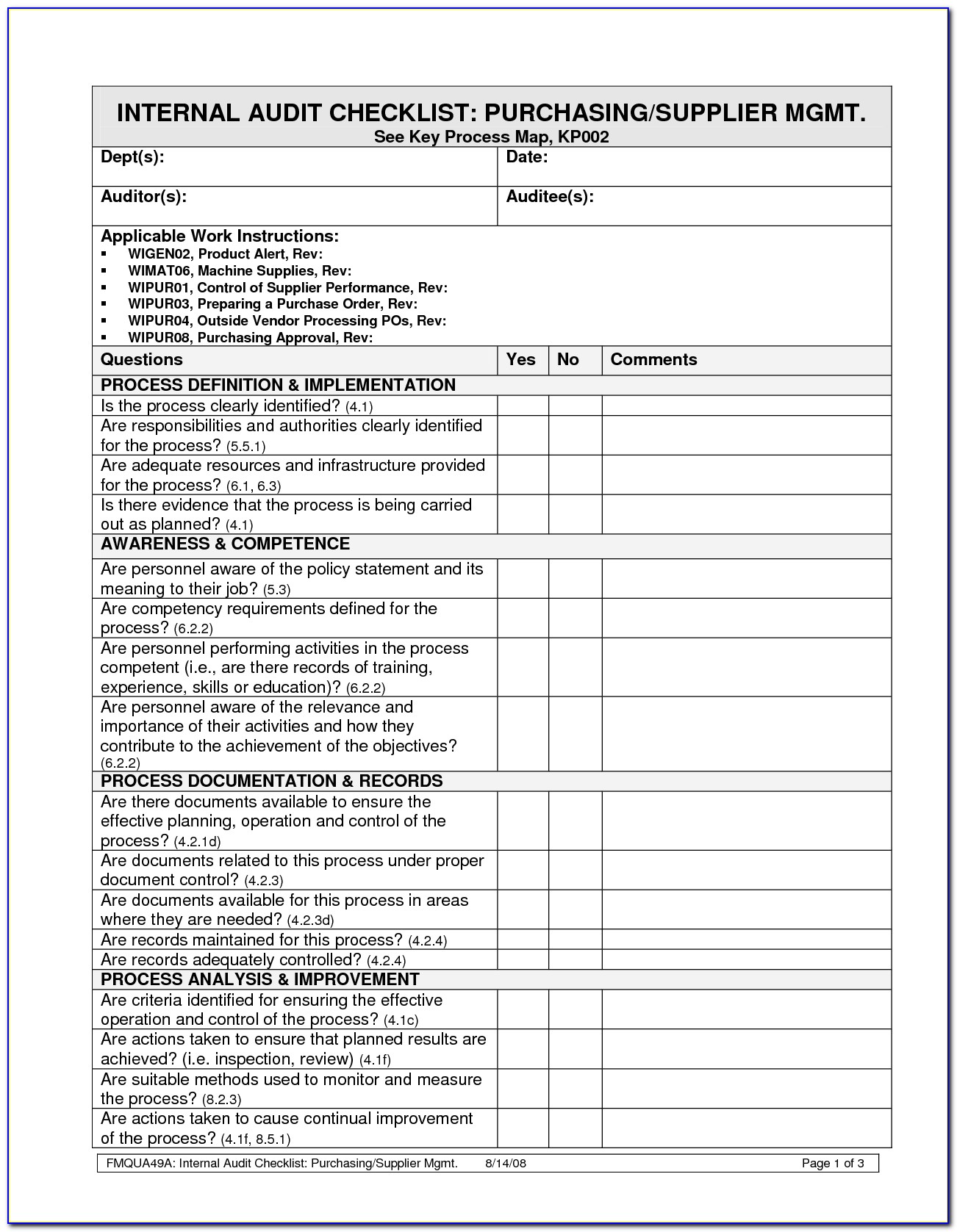 Layered Process Audit Checklist Template