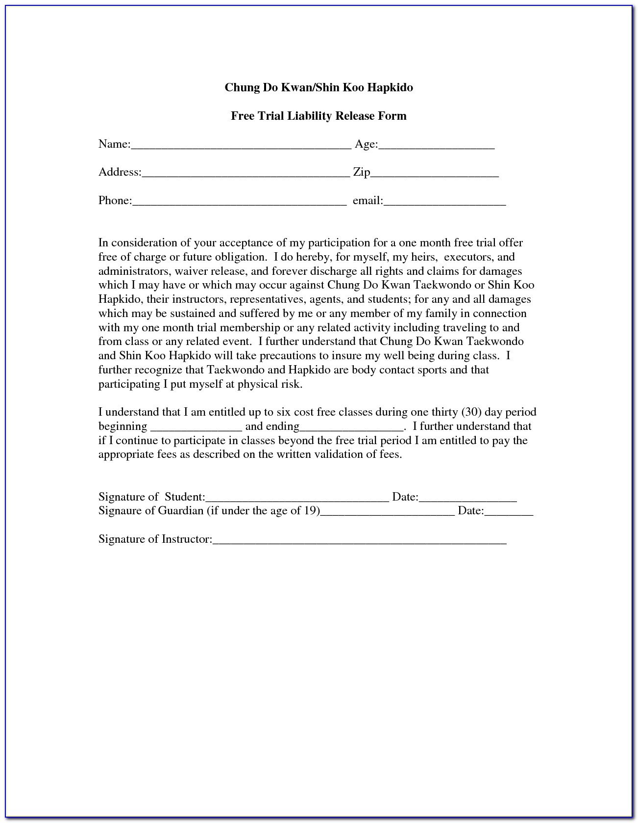 Liability Form Template Free