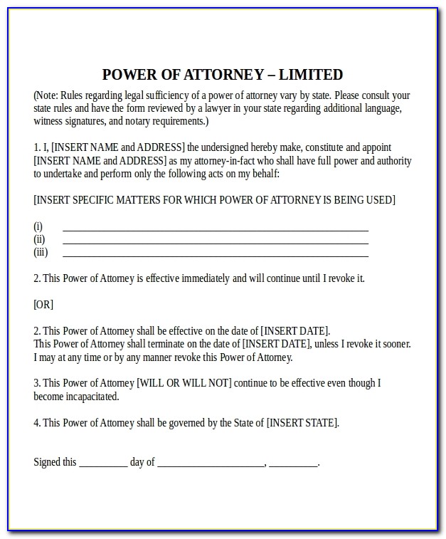 Limited Power Of Attorney Word Template