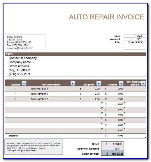 Mechanic Invoice Template Free