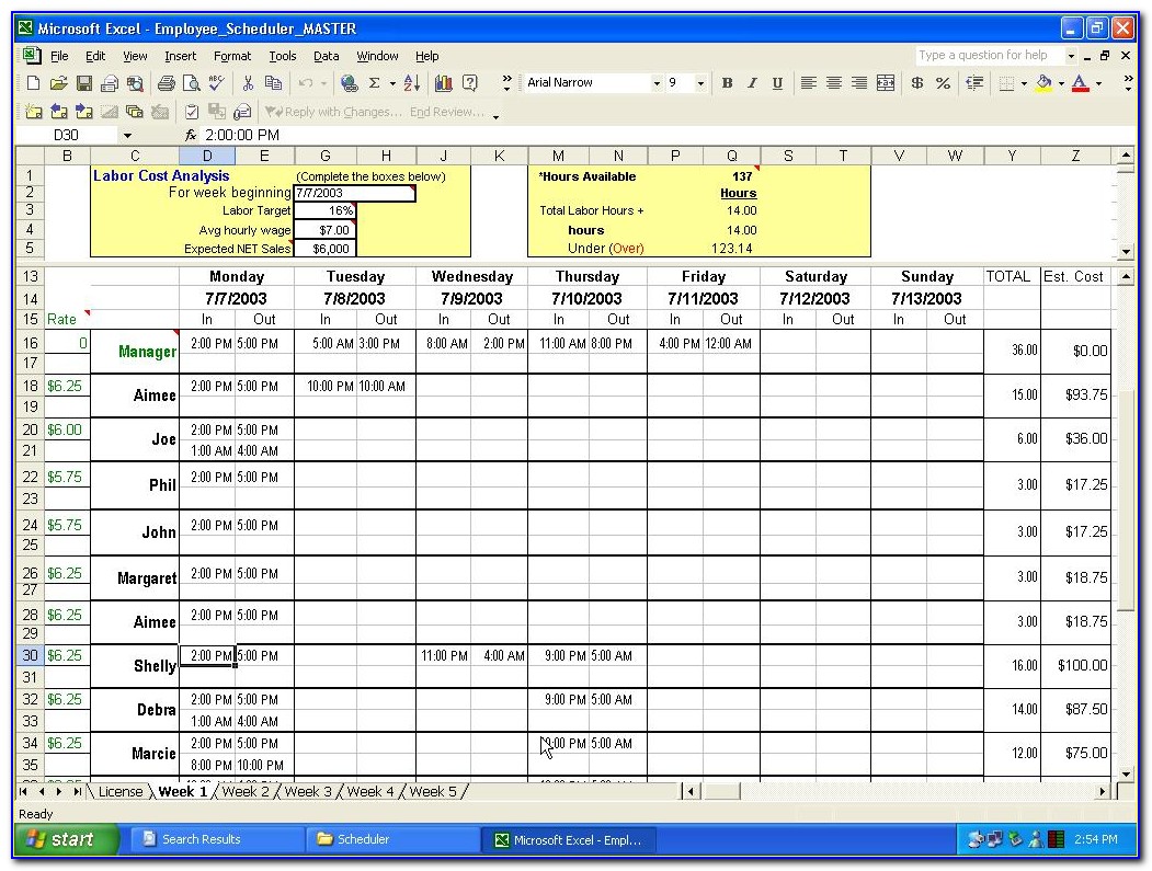 Microsoft Excel Employee Schedule Template