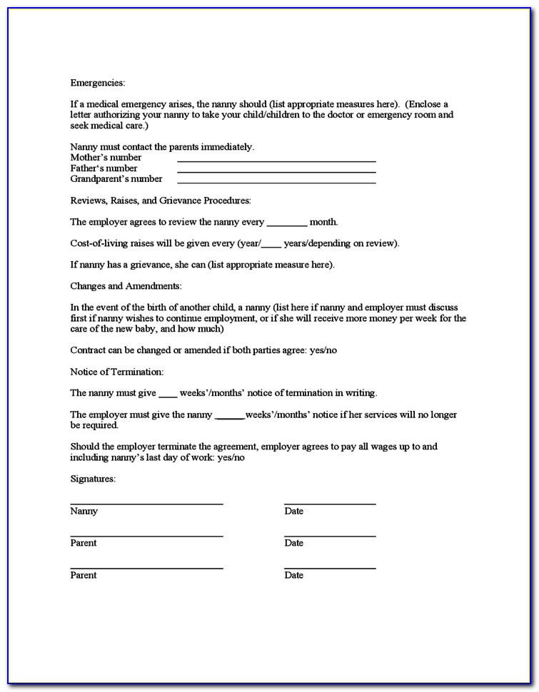 Nanny Agreement Template