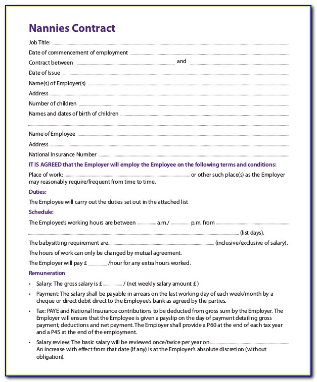 Nanny Contract Template Uk