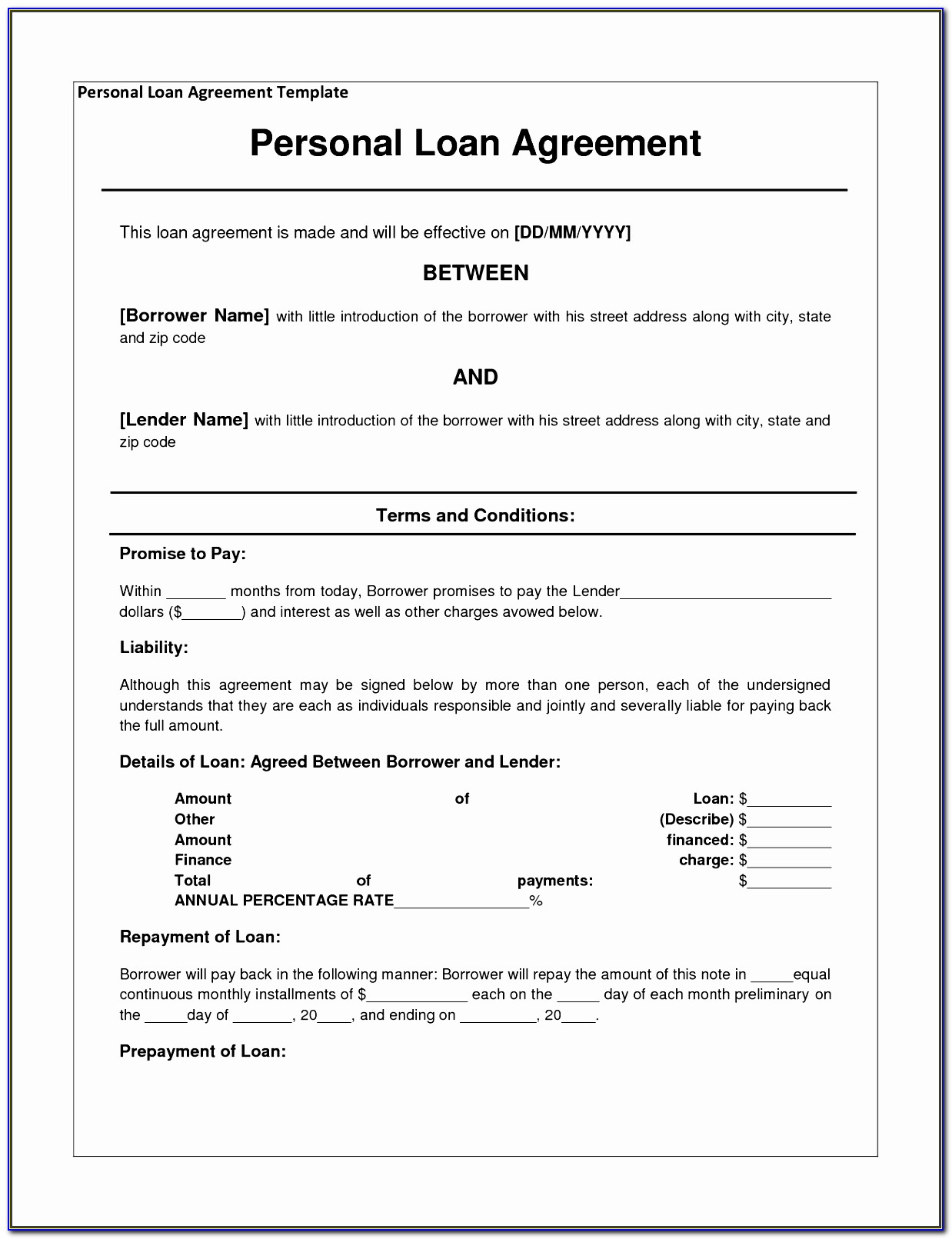 Personal Promissory Note Form