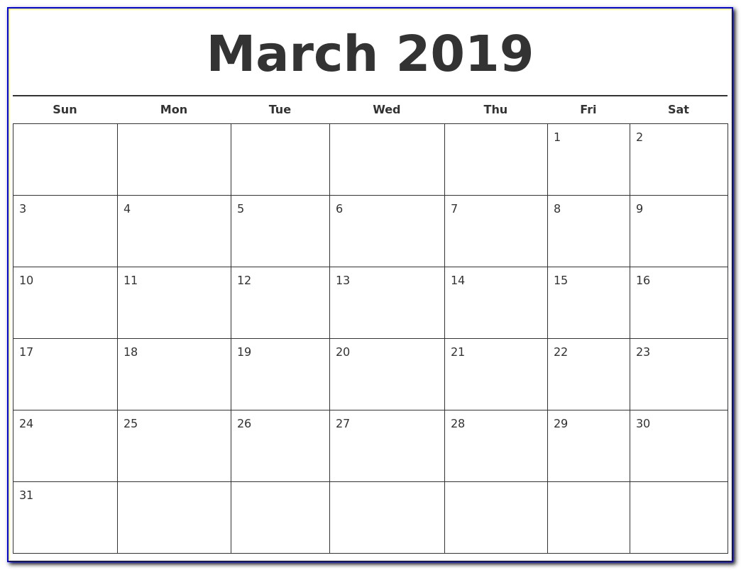 Picture Calendar Template 2019