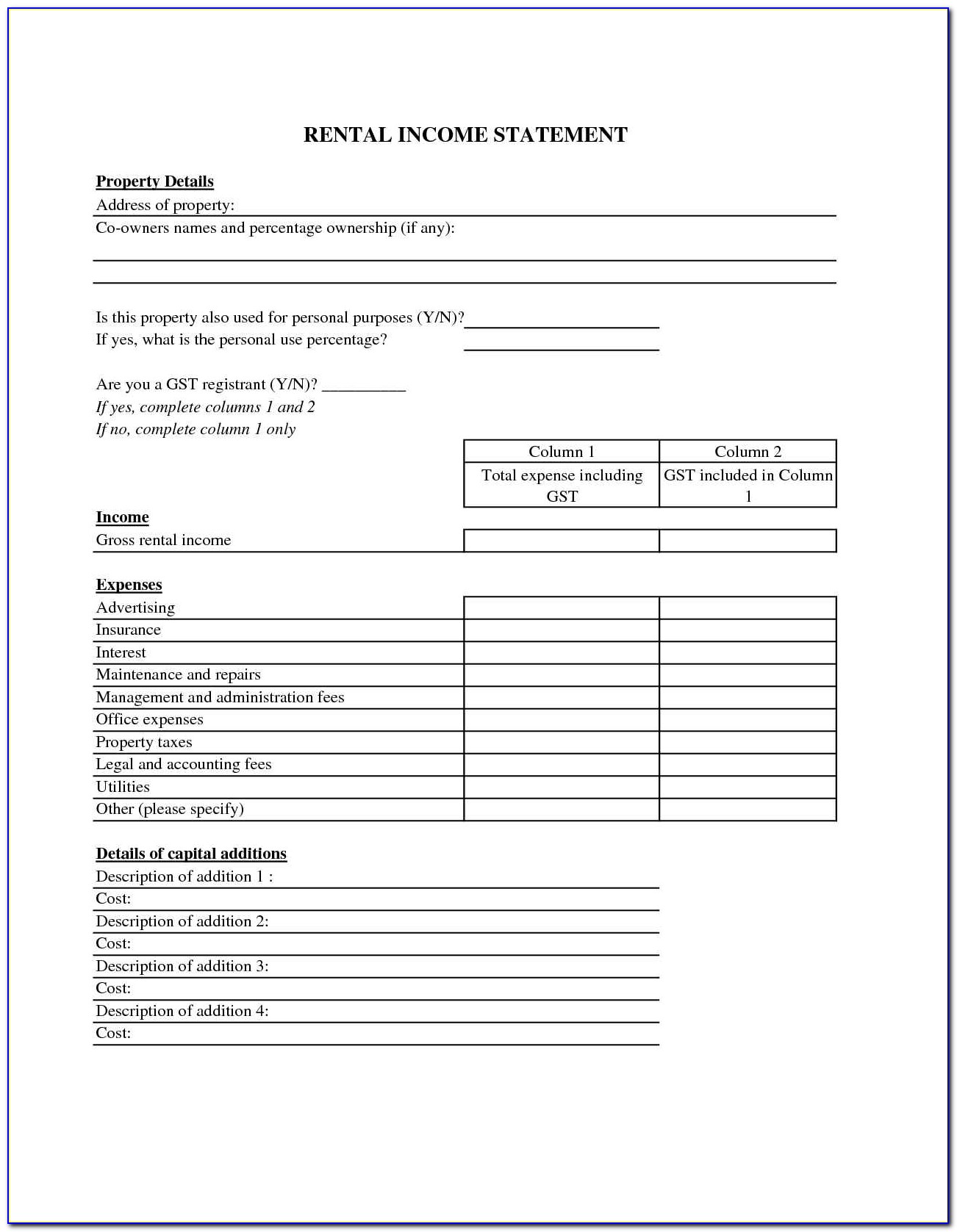 Rental Property Profit And Loss Statement Template
