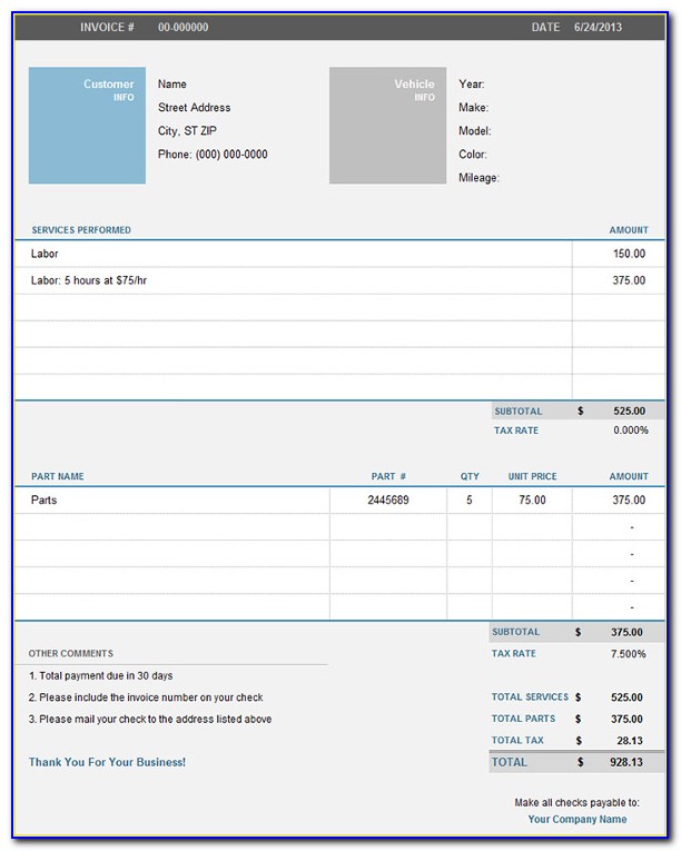 Repair Invoice Template Excel