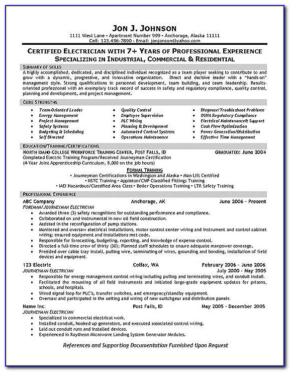 Resume Examples For Journeyman Electricians
