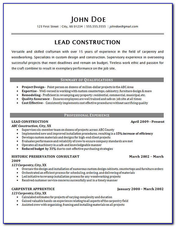 Resume Template For A Construction Worker