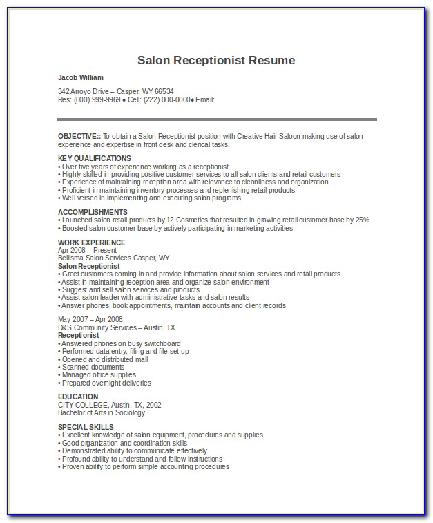 Resume Template For Receptionist