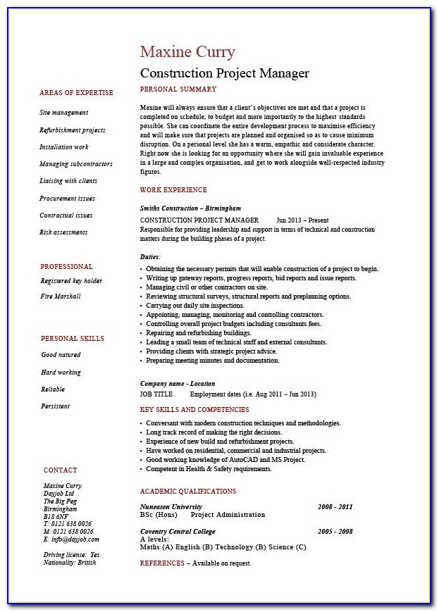 Resume Templates For Construction Work