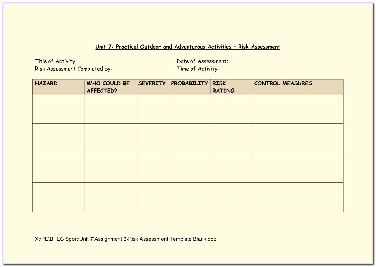 Blank Risk Assessment Template Forms