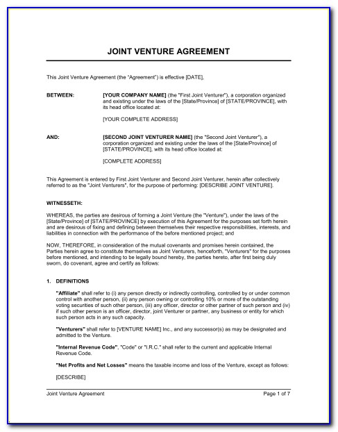 Sample Joint Venture Agreement Between Two Companies