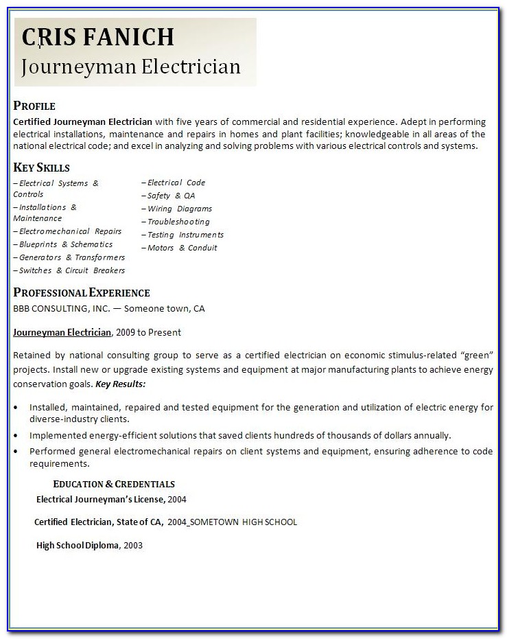 Sample Journeyman Electrician Resume