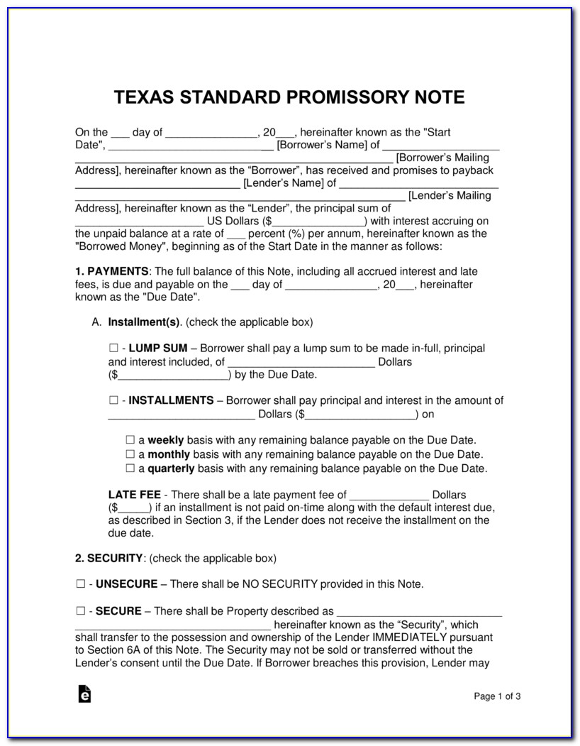 Secured Promissory Note Template Texas