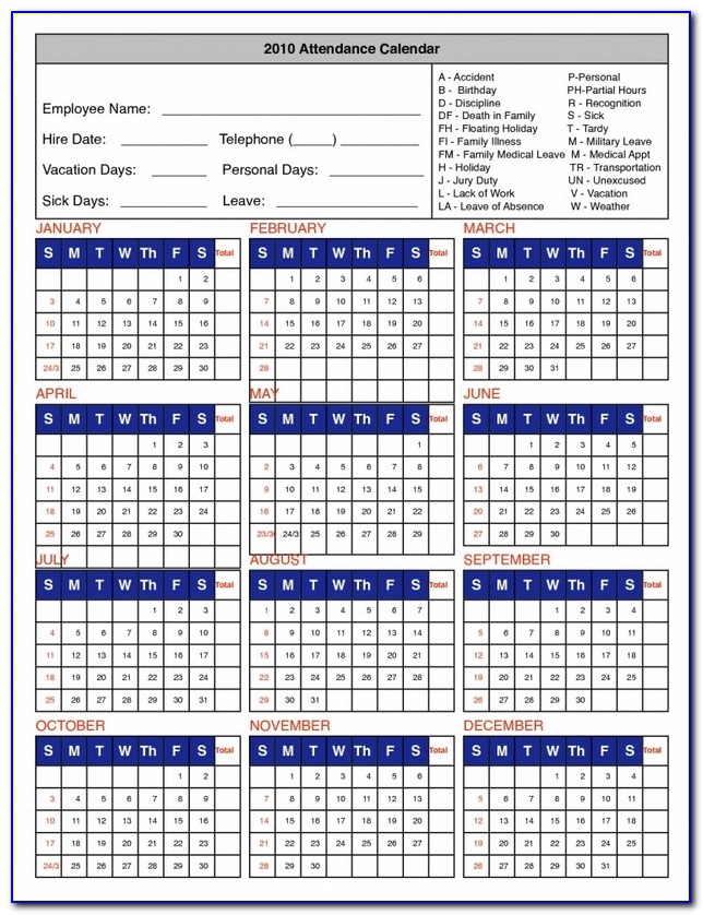 Student Attendance Calendar Template