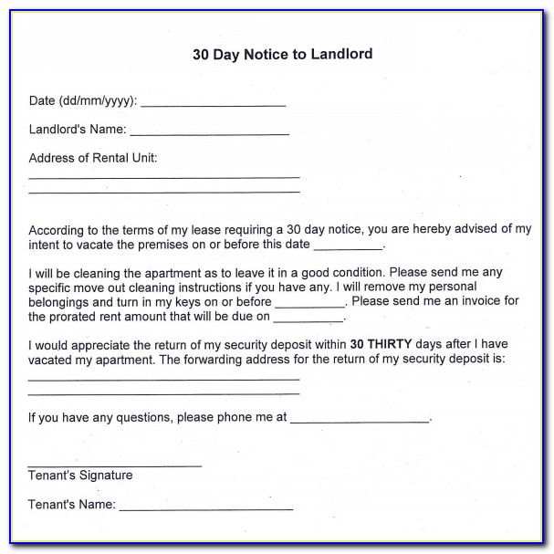 Template For 30 Day Notice To Landlord